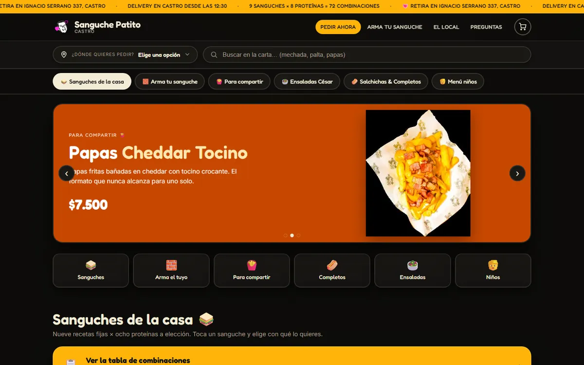 Portada del sitio de Sanguchería Patito