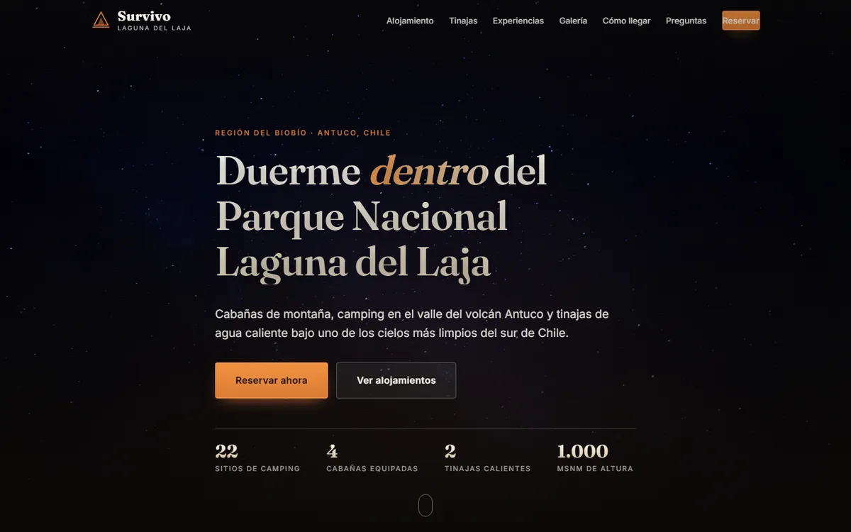 Portada del sitio de Survivo, cabañas y camping en Laguna del Laja